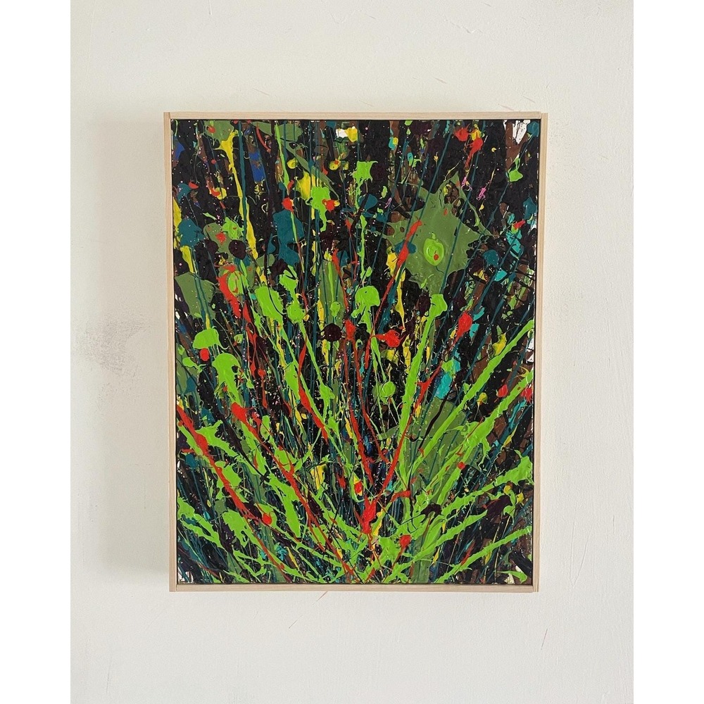 O 14 X 18 Untitled Abstract Splatter Acrylic Painting Framed‎ Multi-Color Art